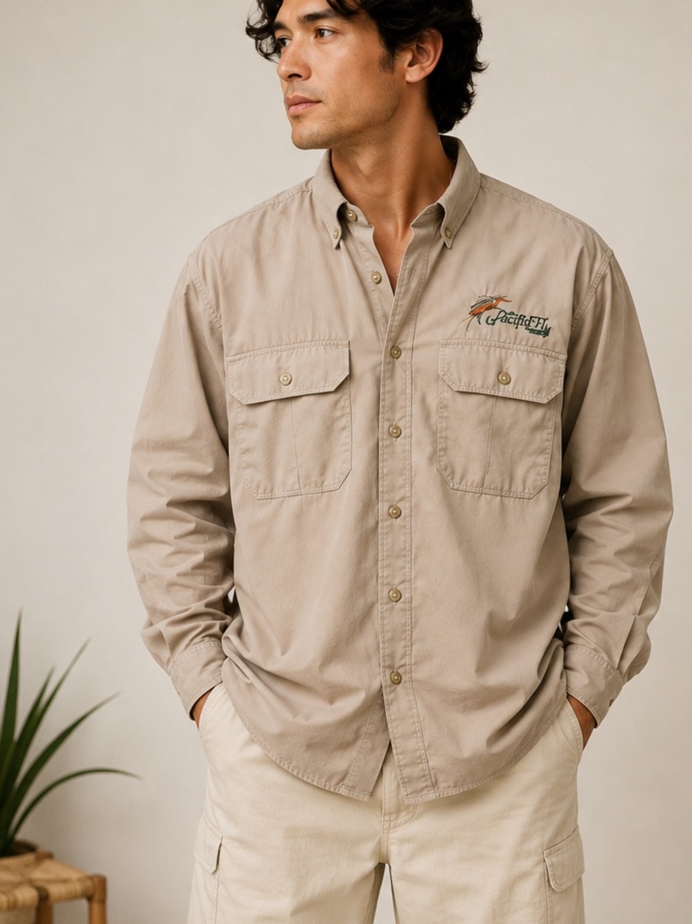 Pacific Fly Men's Tan Long Sleeve Button-Down Fishing Shirt Embroidered L TALL